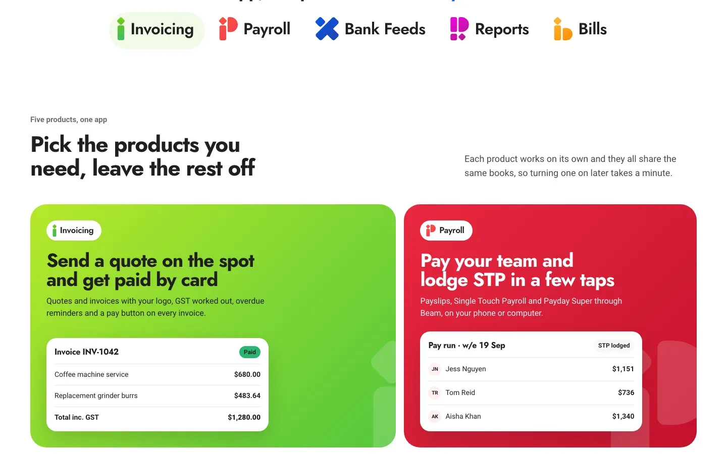The second screen of the new homepage: five product names in a row, then product tiles for Invoicing in green and Payroll in red, each with a piece of the real interface.