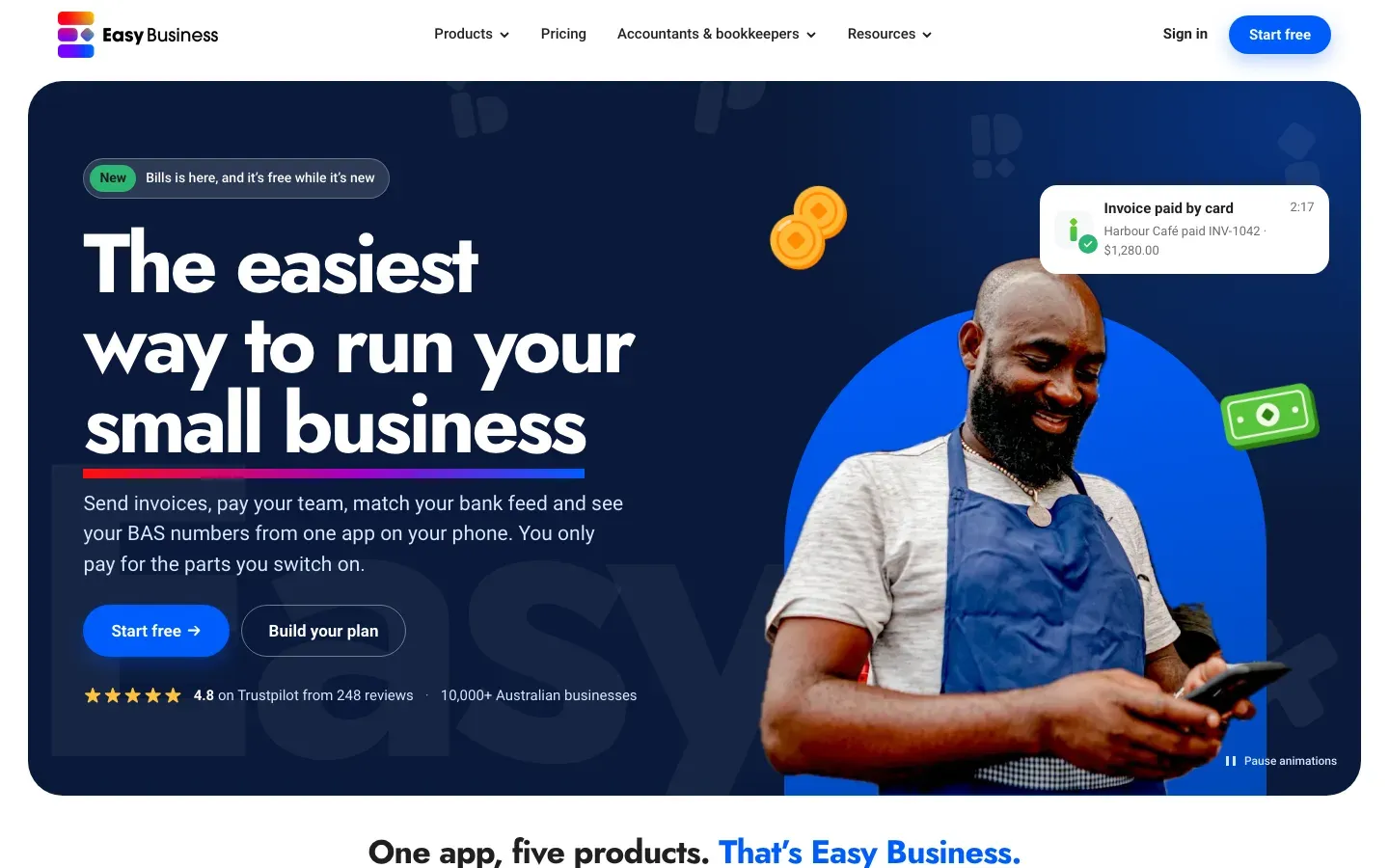 The new Easy Business homepage: a navy hero with a cafe owner on his phone and an Invoice paid by card notification.