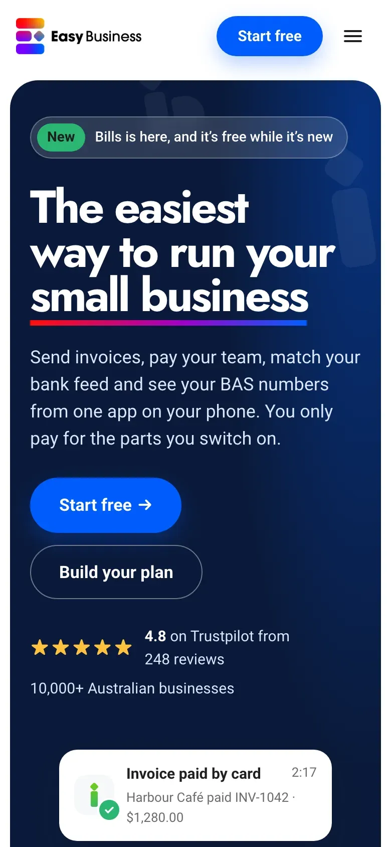 The new homepage on a phone: the navy hero with the headline, the Start free button and the Trustpilot rating in the first screen.