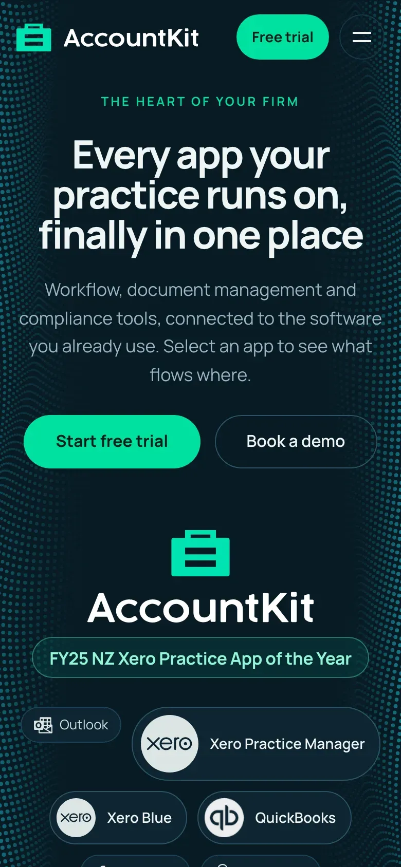 The new homepage on a phone: the headline, Start free trial and Book a demo buttons, then the AccountKit mark and the award above the connected apps.