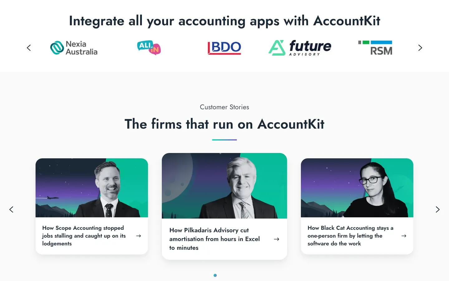 The second screen of the old homepage: a carousel of customer logos, then a carousel of three customer story cards.