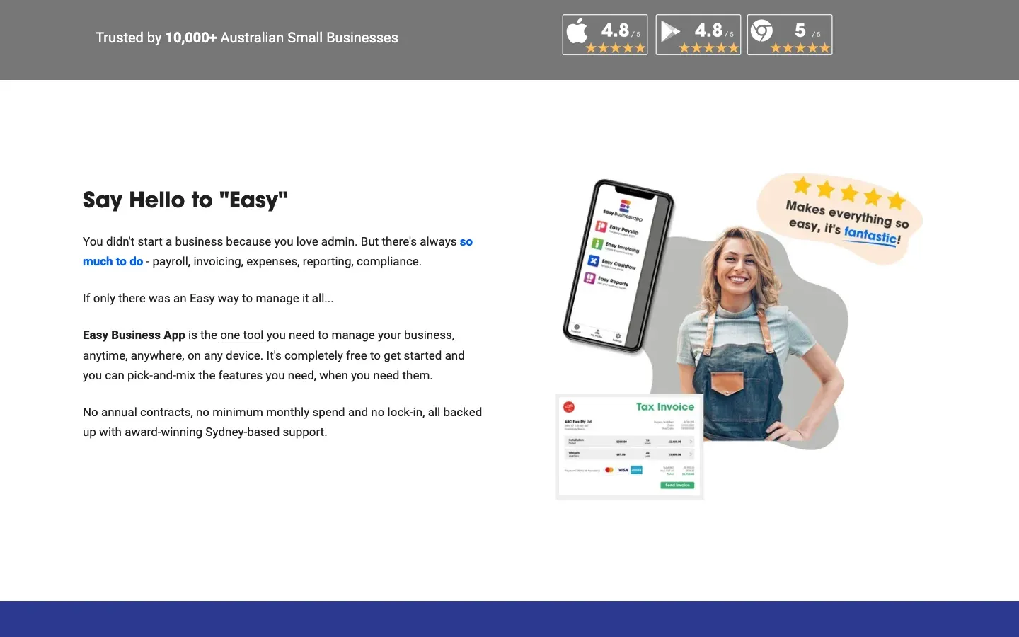 The second screen of the old homepage: a grey band with app store ratings, then a Say Hello to Easy section with a paragraph and a photo of a smiling woman beside a phone.