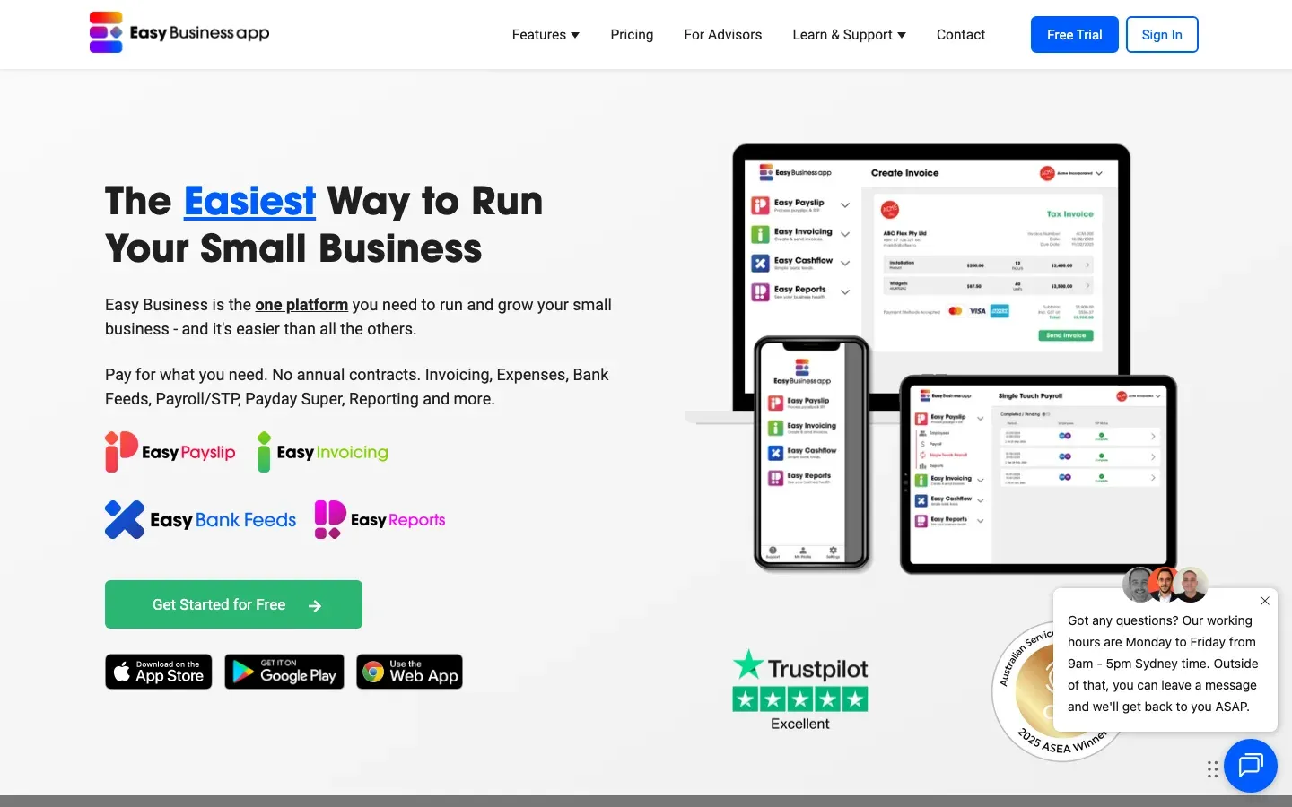 The old Easy Business App homepage on a laptop: a title-case headline, four product logos, three app store badges, a device mockup and a chat pop-up in the corner.