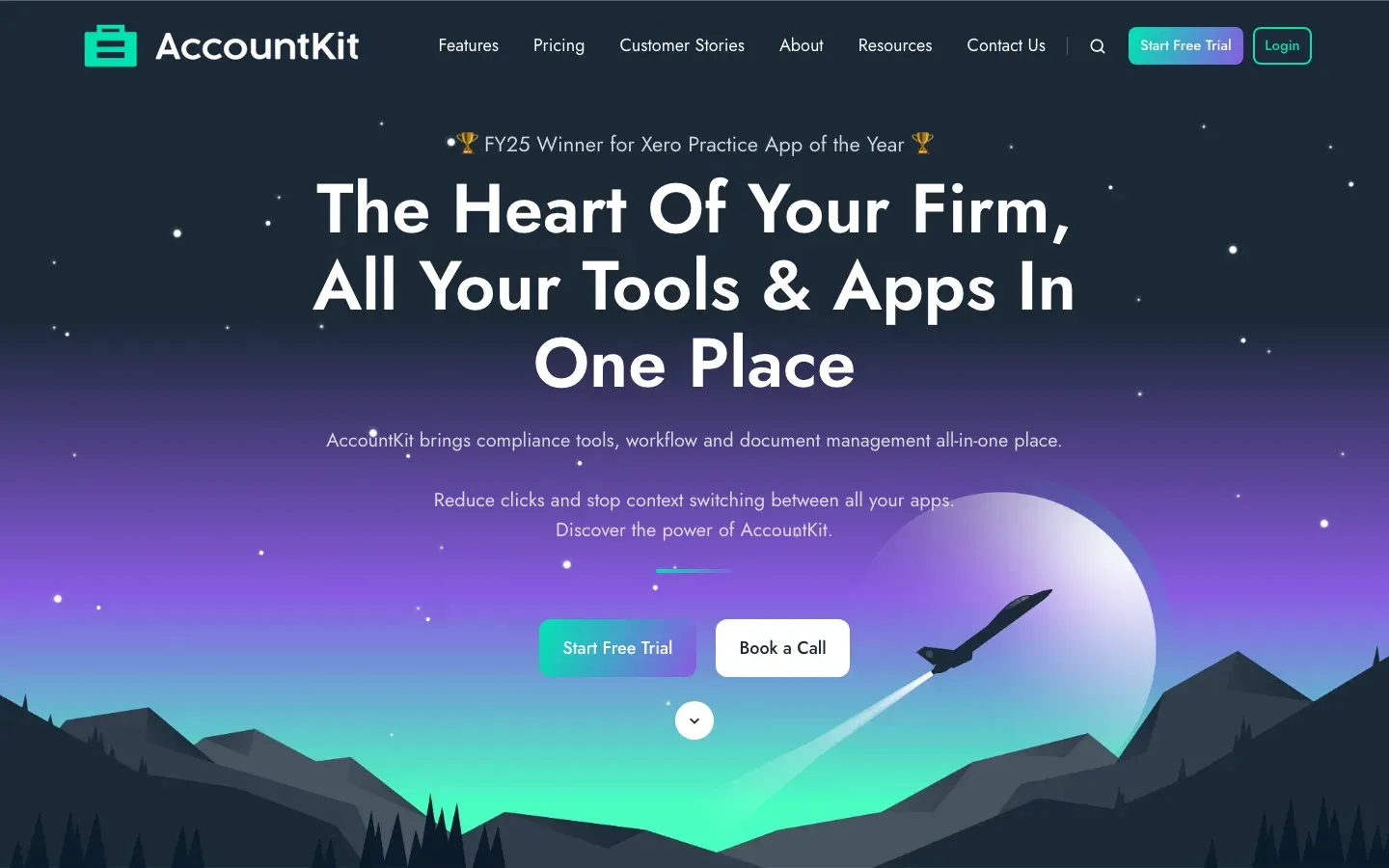 The old AccountKit homepage: a centred headline over an illustration of a rocket and purple mountains.