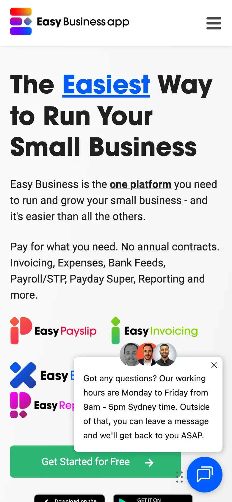 The old homepage on a phone: a large headline, two paragraphs, and a chat pop-up covering the product logos.