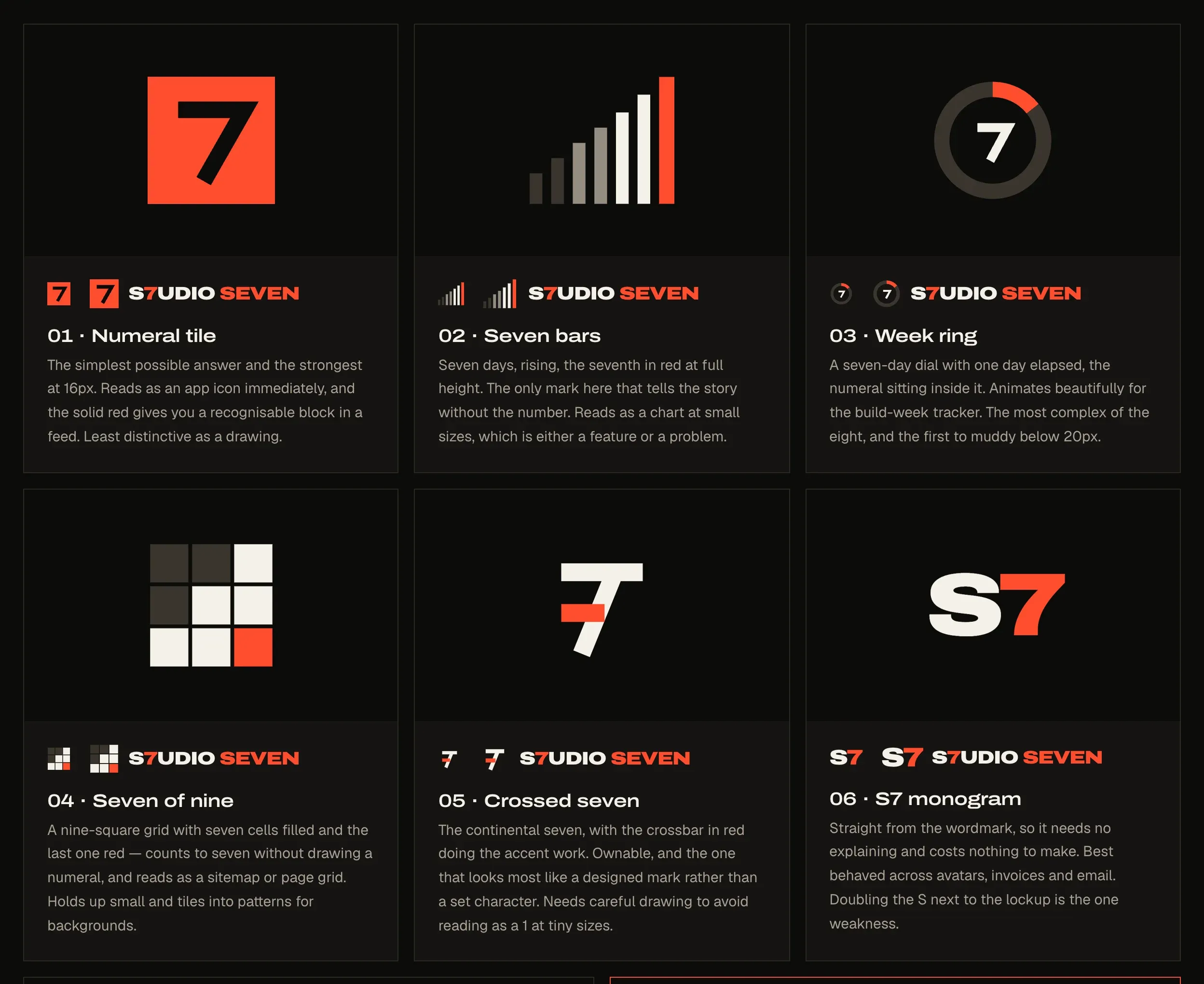 Six early mark ideas on dark tiles: a numeral tile, seven bars, a week ring, seven of nine squares, a crossed seven and an S7 monogram, each with its lockup and a short note.