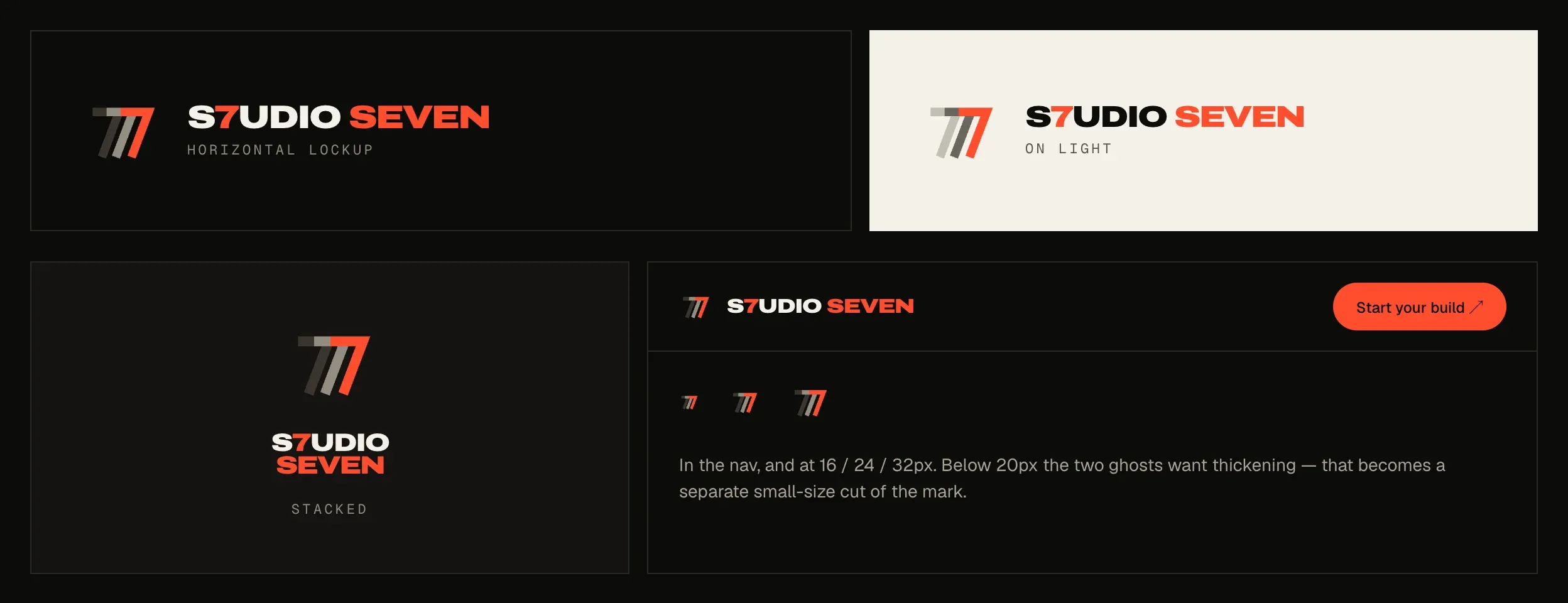 The Trail seven with the S7UDIO SEVEN wordmark: horizontal on ink, horizontal on light, stacked, and in the site navigation.