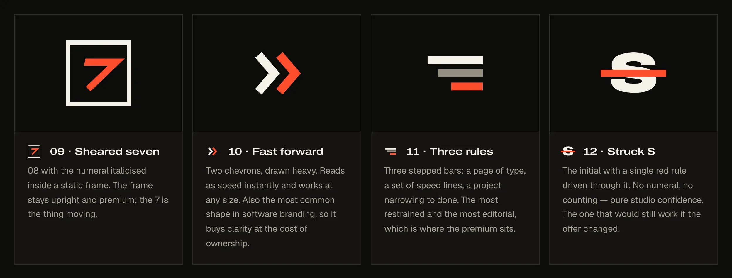 Four mark ideas: a sheared seven in a frame, a fast-forward chevron, three stepped rules and a struck S.