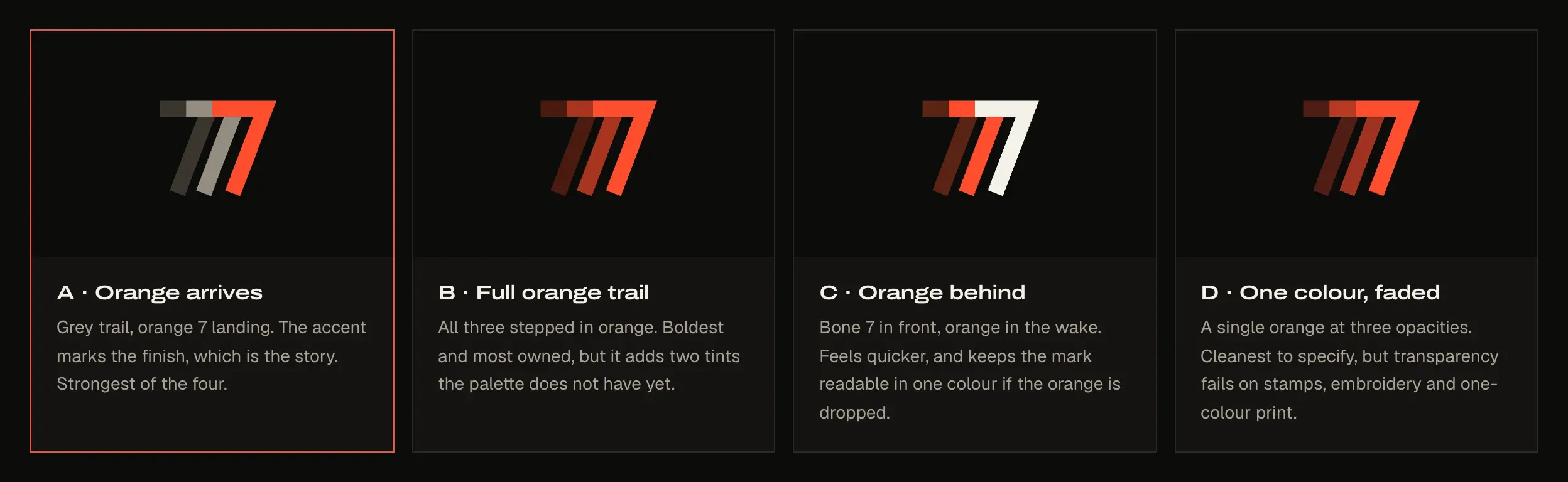 Four versions of the Trail seven: orange arrives, full orange trail, orange behind and one colour faded.