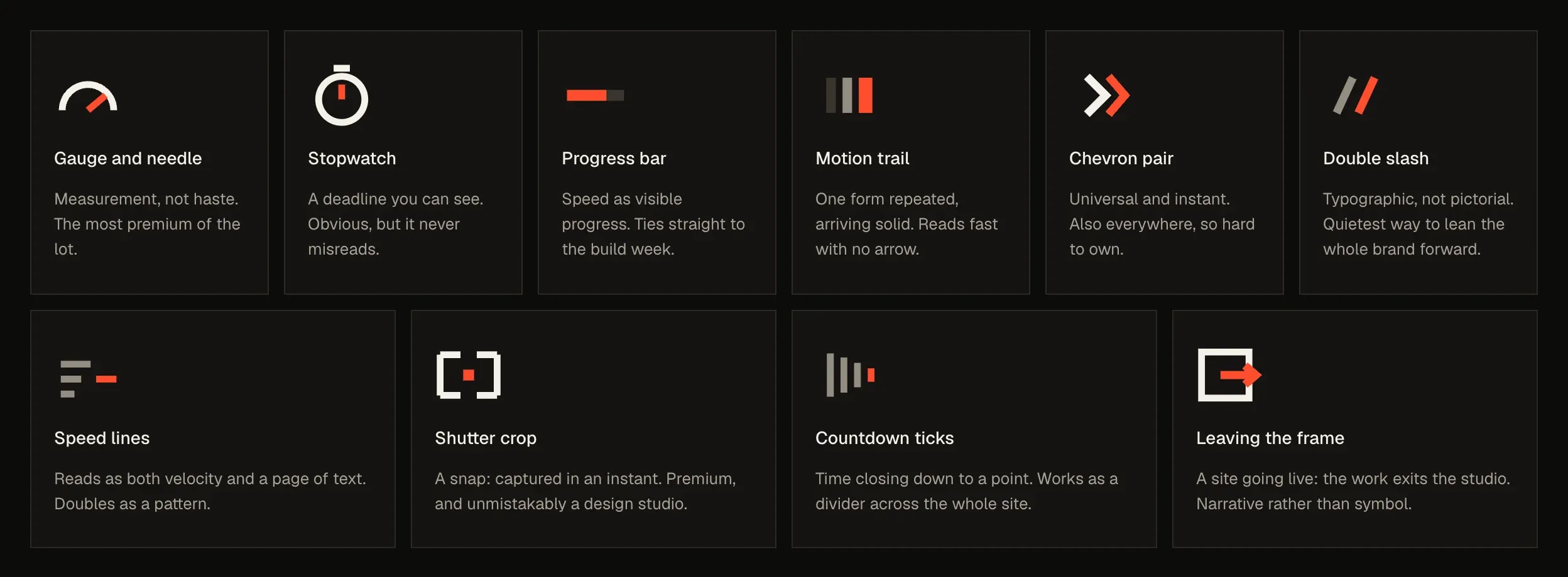 Ten speed symbols drawn in the brand geometry, including a gauge, stopwatch, progress bar, motion trail and chevrons.