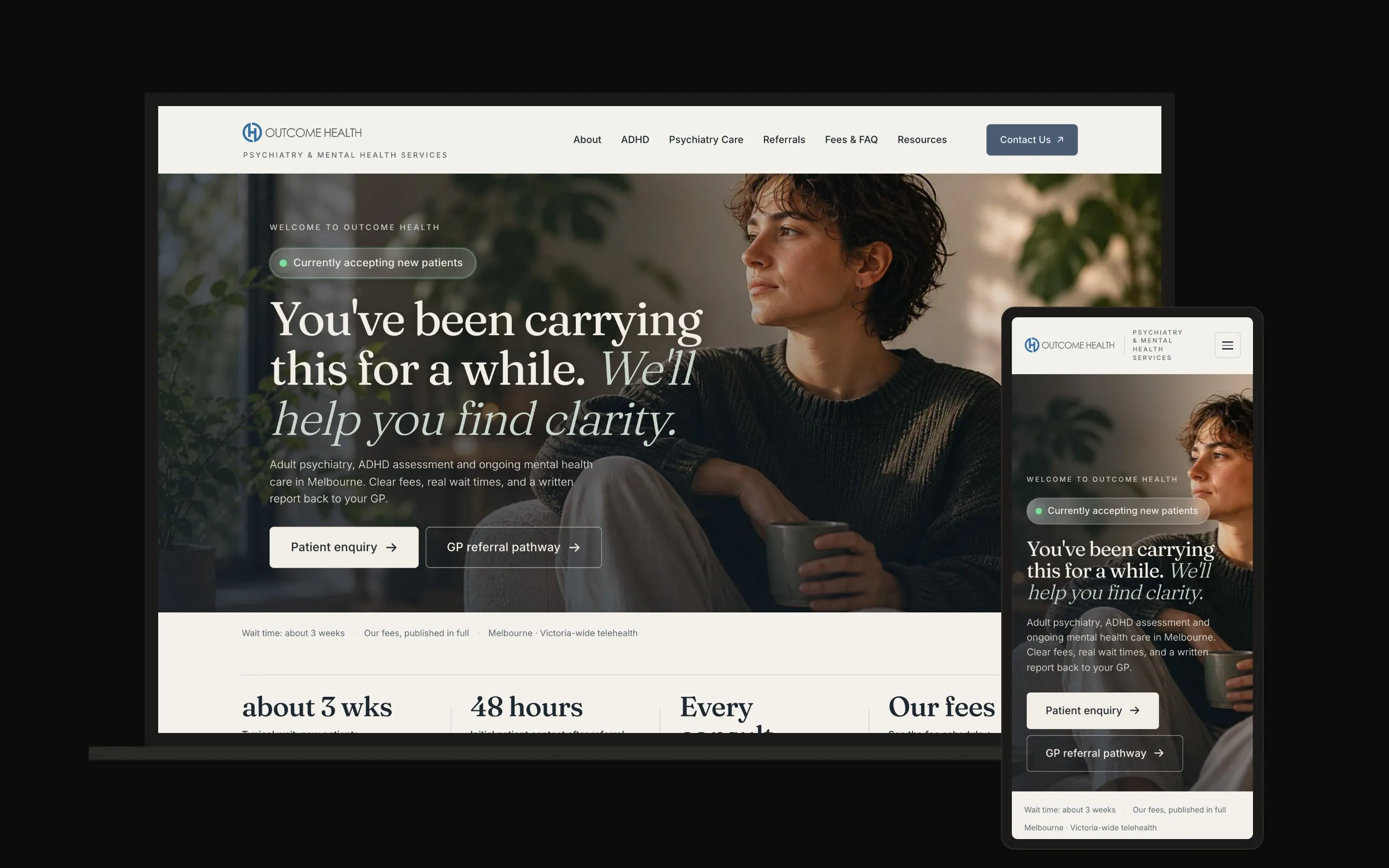 The Outcome Health website on a laptop and a phone.