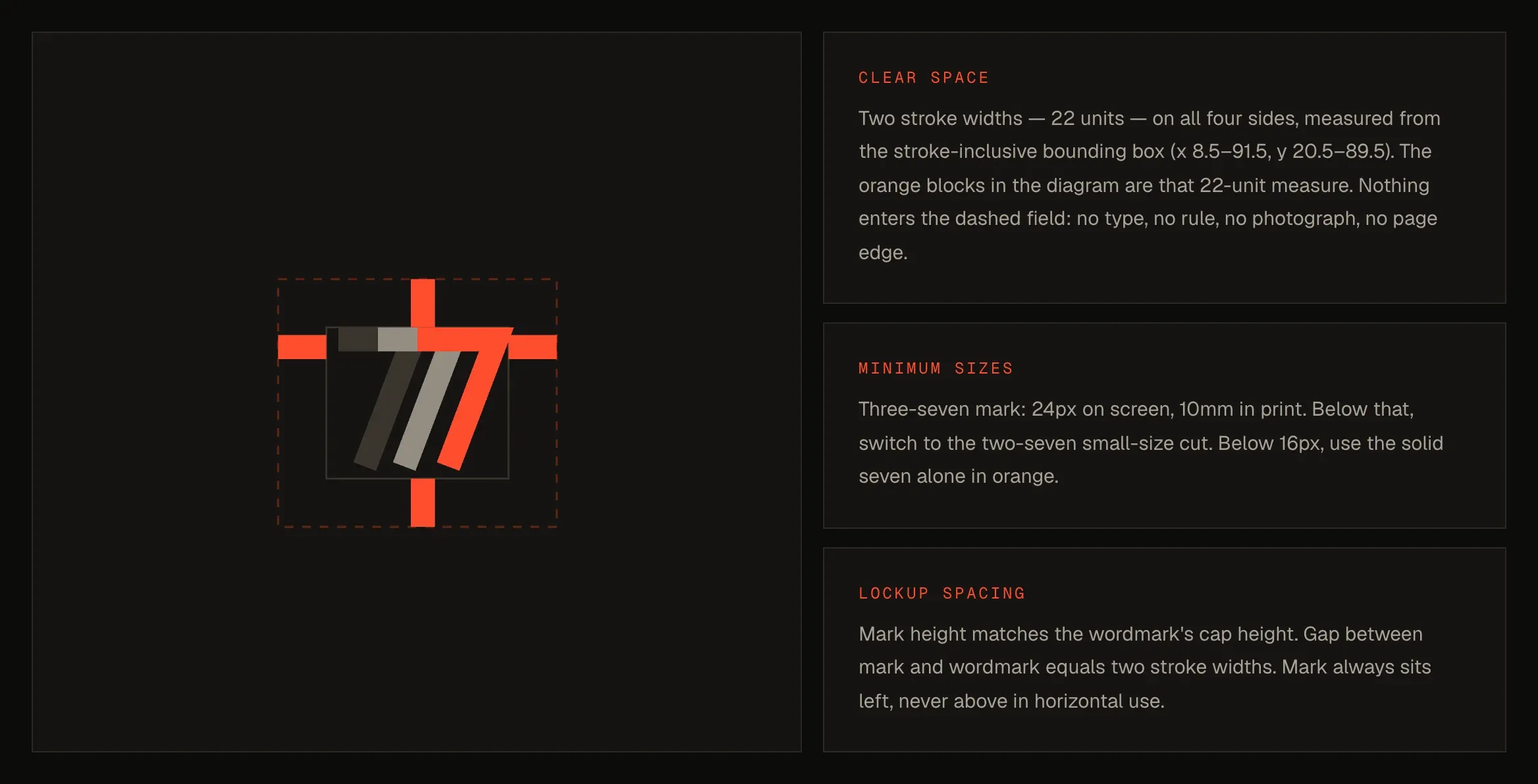 Clear space diagram around the mark, with notes on minimum sizes and lockup spacing.