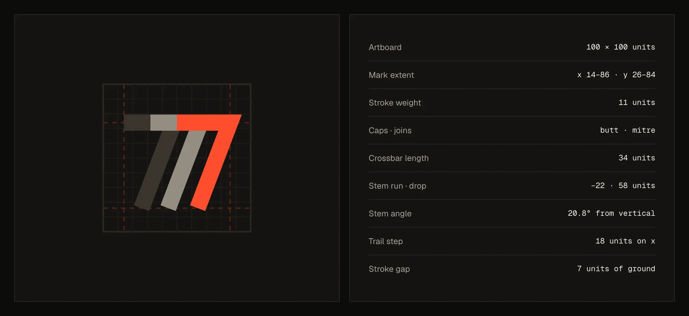 Construction drawing of the Trail seven on a 100-unit grid, with stroke weight, angles and spacing listed beside it.