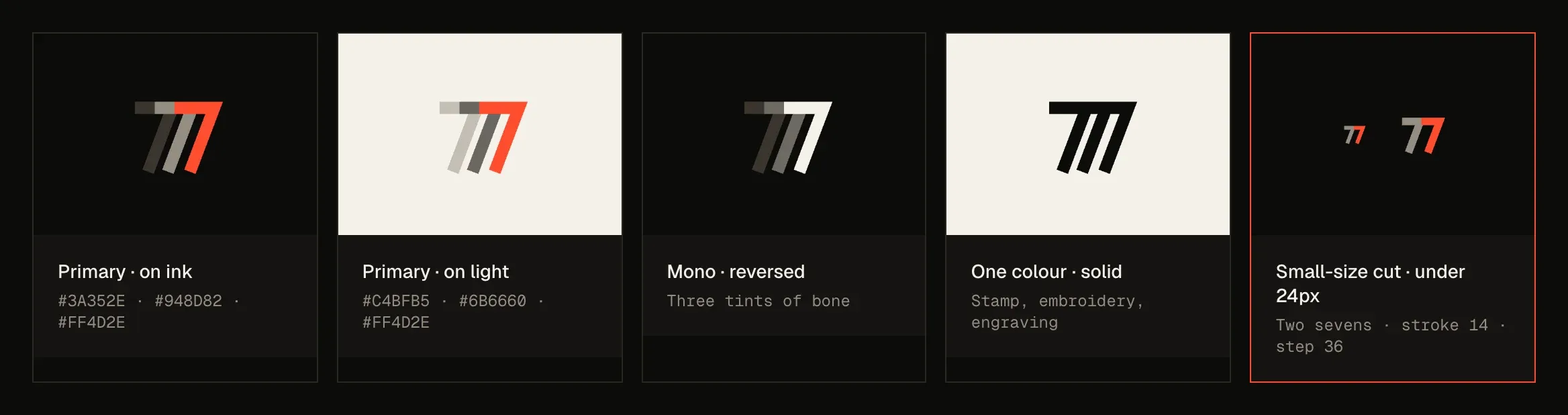 Five approved versions of the mark: primary on ink, primary on light, mono reversed, one colour solid and a small-size cut.
