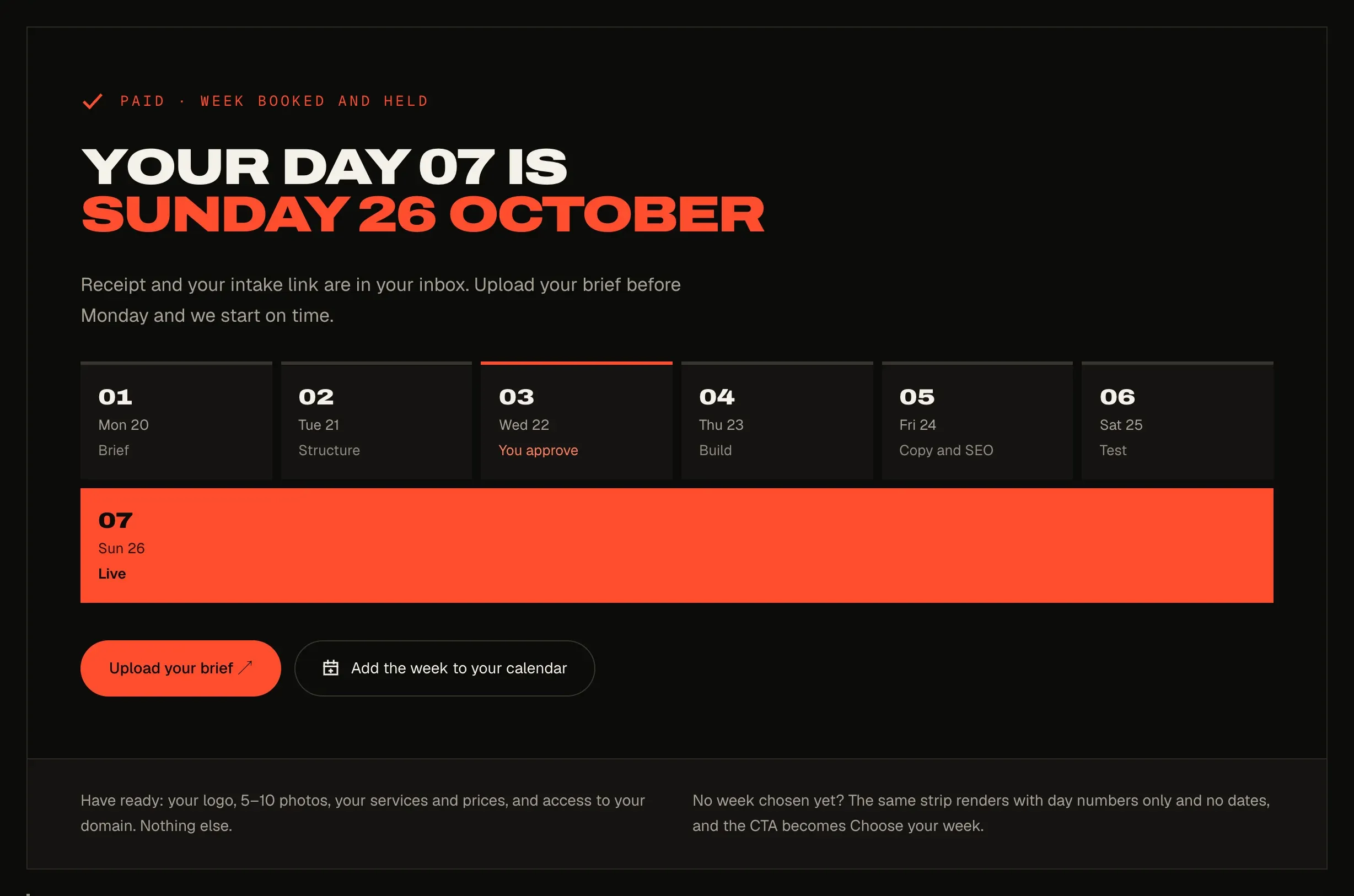 The booking confirmation screen: Your Day 07 is Sunday 26 October, with the seven days of the week laid out and Day 07 in orange.