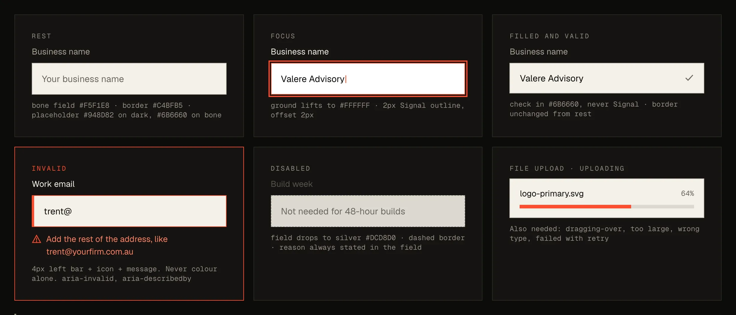 Form fields in six states: rest, focus, filled and valid, invalid with an error message, disabled, and a file upload in progress.