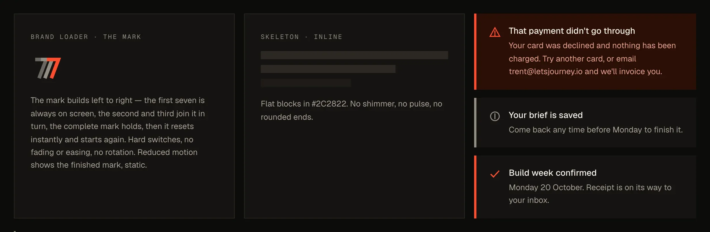 A loader where the Trail seven builds left to right, a flat skeleton block, and three alerts for a declined payment, a saved brief and a confirmed build week.