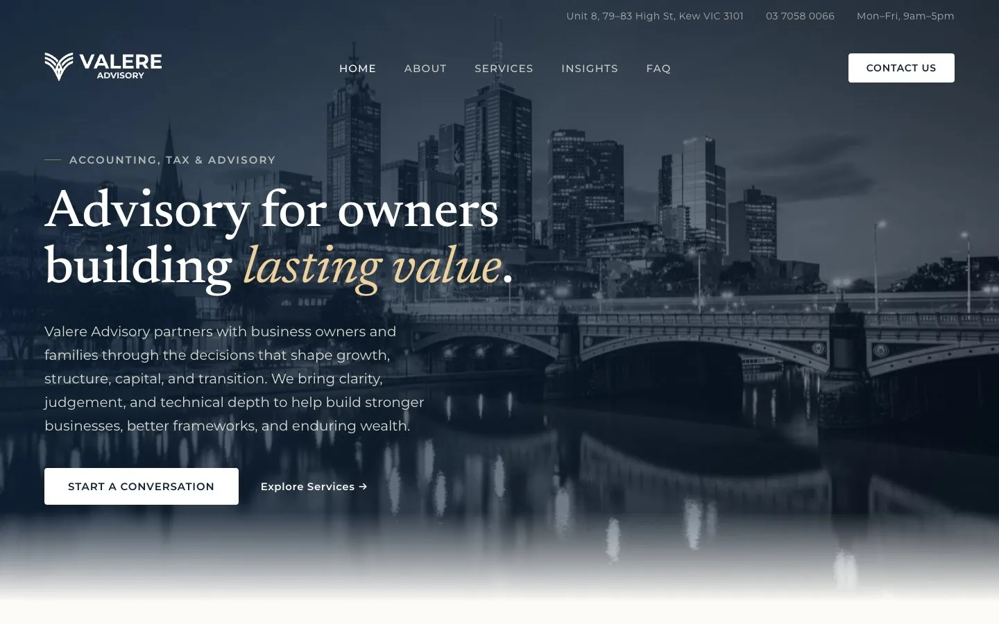 The Valere Advisory homepage.